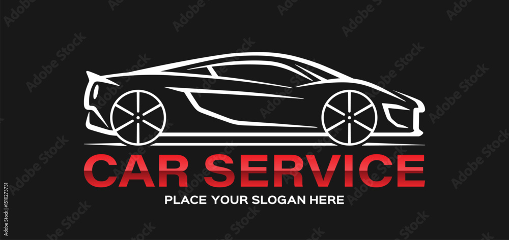 Fototapeta premium Modern vector car logo for auto service. Sleek sports car silhouette on black background. Editable and scalable vector graphics.