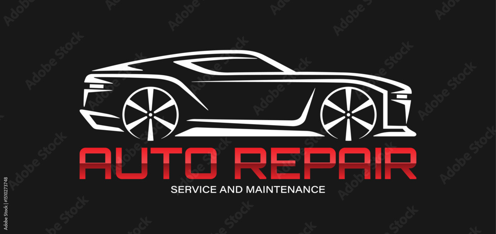 Fototapeta premium Modern vector car logo for auto repair shop. Sleek sports car silhouette on black background. Editable and scalable vector graphics.