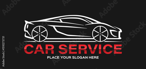 Modern vector car logo for auto service. Sleek sports car silhouette on black background. Editable and scalable vector graphics.