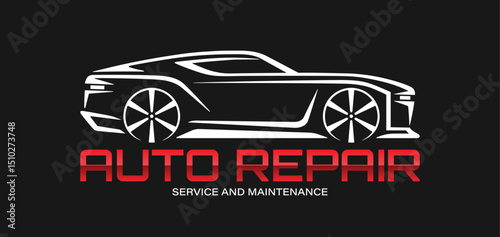 Modern vector car logo for auto repair shop. Sleek sports car silhouette on black background. Editable and scalable vector graphics.