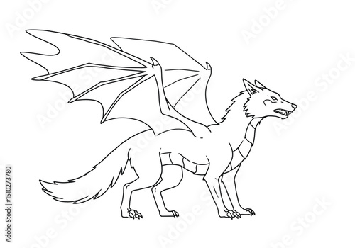 Wolf dragon drawing. This image features a wolf dragon, a mythical hybrid creature combining a wolf's form with dragon wings, a fantasy beast of power. Vector sketch line art draw.