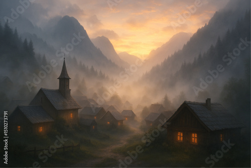 Misty Mountain Village at Sunrise with Foggy Landscape, Wooden Cabins, Pine Trees, and Warm Morning Light in a Peaceful Valley – Tranquil Nature Scene for Travel, Rural, or Fantasy Themes.
