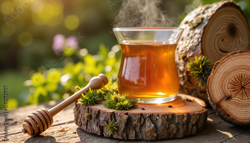 Warm honey tea in glass cup with wooden honey dipper outdoors   photo