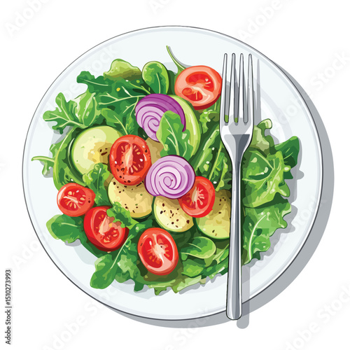 Illustration of Fresh Salad Vegetables on Plate with Fork - Healthy Eating Concept