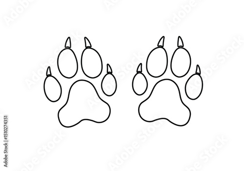 Wolf paws drawing. This image displays wolf paws, a distinct outline of the canine's footpads and claws, perfect for tracking or symbolic use. Vector sketch line art draw.