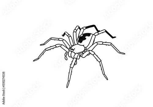 Wolf spider drawing. This image displays a wolf spider, a predatory arachnid known for its hunting prowess, captured in a detailed and realistic sketch. Vector sketch line art draw.