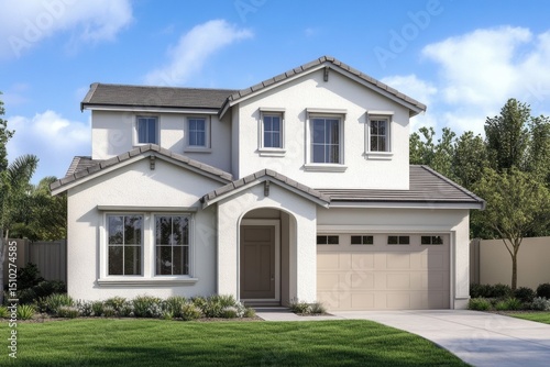 Modern two-story house with clean facade, garage, porch and well-kept lawn under blue sky. Ideal country life, real estate and home ownership concept. Sleeping area. Plenty of space for your text