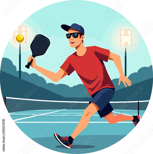 Smiling male pickleball player running on court with black paddle. Fun and active sports scene