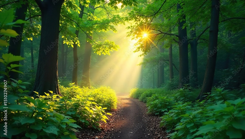 Obraz premium Sun-dappled forest path winds through lush greenery, sunlight filtering through leaves to illuminate a mystical scene Perfect for travel, nature, and fantasy themes , nature, exploration, enchanted