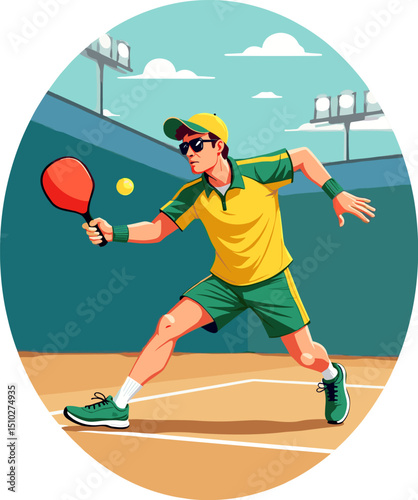 Male athlete playing pickleball in yellow and green outfit on court. Action-packed vector illustration