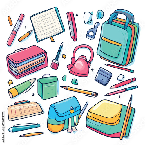 Colorful Cartoon Vector Illustration of Various School Supplies for Classroom Use