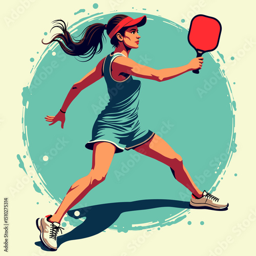 Female athlete swinging paddle in pickleball game. Powerful sports action vector illustration