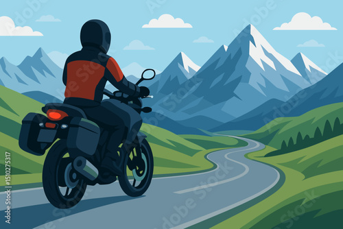 Motorcyclist on winding mountain road. Scenic vector artwork with panoramic background