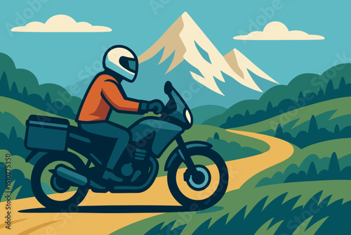 Motorcycle rider on dirt road in mountain landscape. Adventure and travel themed vector