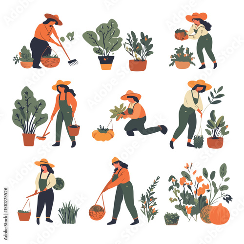 Diverse Group of Farmers Working Together with Tools in Farm Harvesting Scene