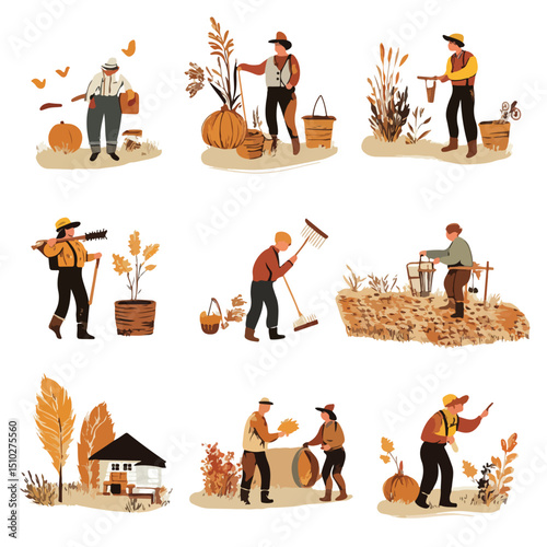 Collection of Farmers with Tools and Harvest Working in Farm Field Image