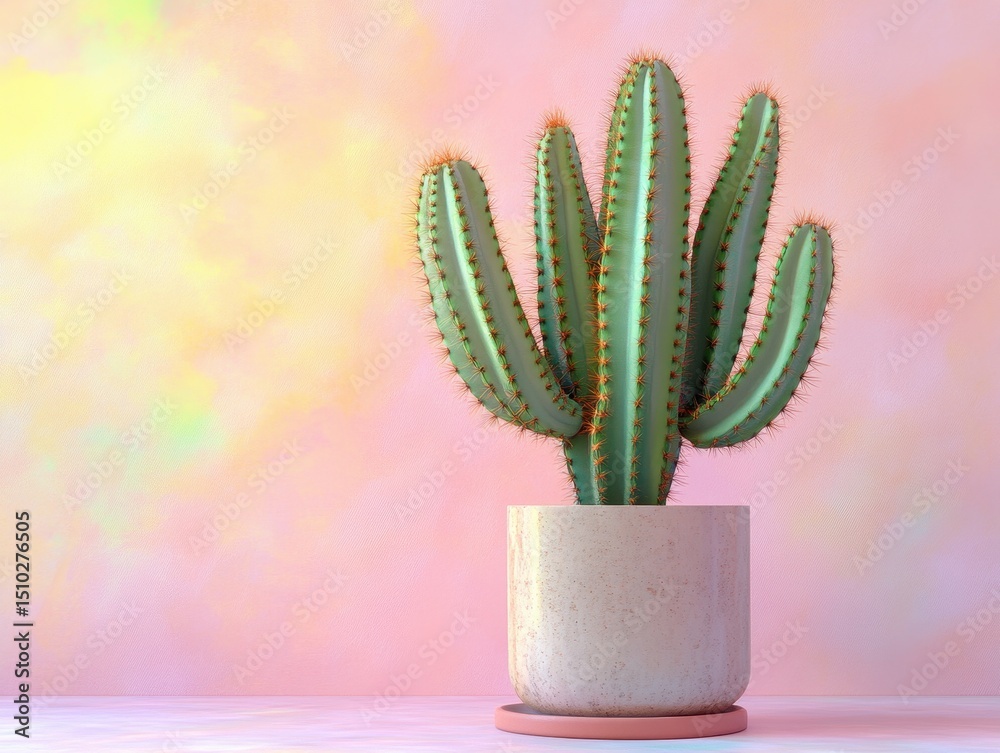 Cactus Elegance: A solitary cactus, its vibrant green spines and unique form highlighted by the delicate dance of light and shadow against a pastel pink backdrop, creating a sense of tranquil beauty. Cactus Elegance: A solitary cactus, its vibrant green spines and unique form highlighted by the delicate dance of light and shadow against a pastel pink backdrop, creating a sense of tranquil beauty.