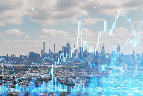 Manhattan skyline with holographic stock market charts overlay. Double exposure concept. Double exposure