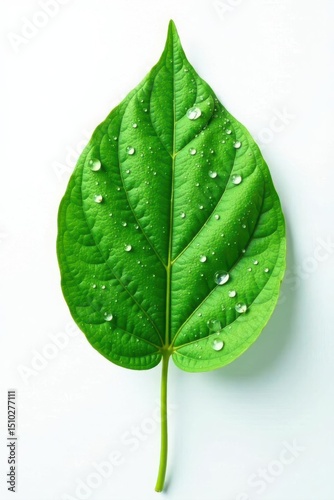 Single dewy leaf, mirrored perfectly on stark white backdrop , macro, detail
