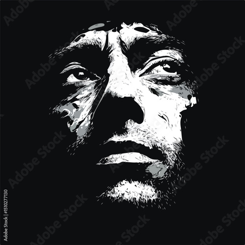 Detailed Vector Illustration of a Sick Man's Face in Black and White Colors for Medical Concepts