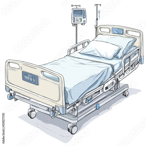 Professional Vector Illustration of a Single Hospital Bed Equipment in Line Art Style