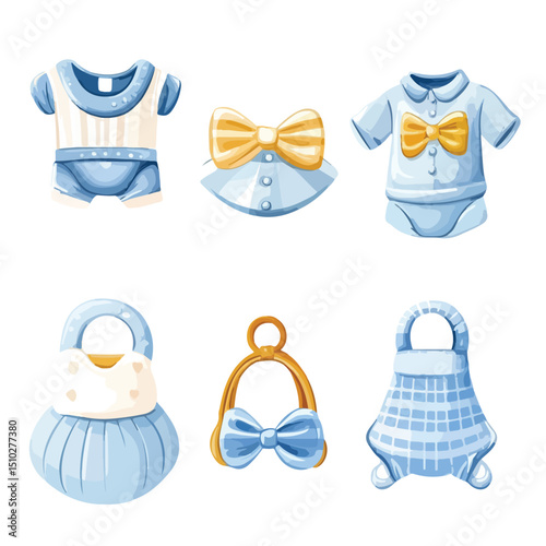 Set of Six Baby Boy Accessories Icons Vector Illustration for Nursery Decor and Baby Products Catalogs