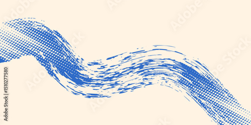 Grainy blue spiral brush stroke with spray texture. Hand drawn distress damaged edge vintage banner with spiral bold line. Grainy bold brush strokes texture with scattered tiny dots. Retro background.