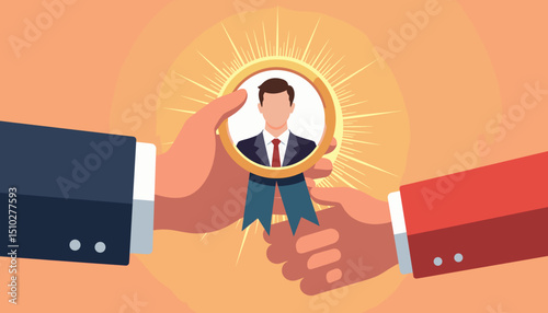 Hands Exchanging Award Medal with Portrait for Recognition, Leadership, Achievement Campaigns, Corporate Training, and Social Media Engagement
