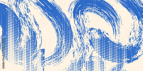 Grainy blue spiral brush stroke with spray texture. Hand drawn distress damaged edge vintage banner with spiral bold line. Grainy bold brush strokes texture with scattered tiny dots.