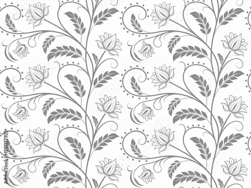 Seamless floral pattern with vintage ornate flower, leaf, and swirl design