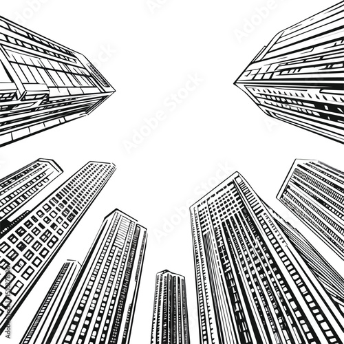Urban skyline viewed from ground level: Skyscrapers of a city seen from a low angle perspective