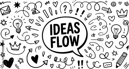  A collection of hand-drawn, black and white doodle icons, including hearts, flowers, lips, crowns, and lightning bolts.