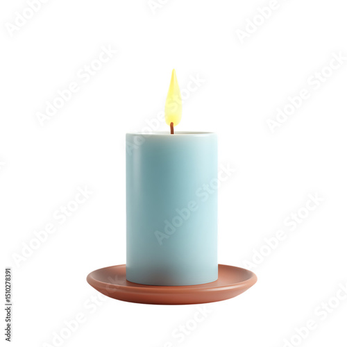Light blue candle on terracotta saucer isolated on transparent background