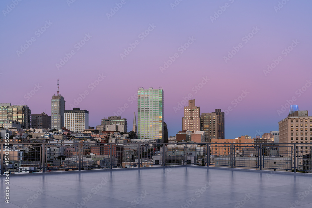 Fototapeta premium Skyscrapers Cityscape Downtown, San Francisco Skyline Buildings. Beautiful Real Estate. Sunset. Empty rooftop View. Success concept.
