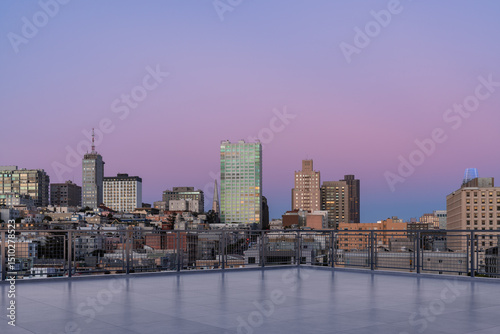 Skyscrapers Cityscape Downtown, San Francisco Skyline Buildings. Beautiful Real Estate. Sunset. Empty rooftop View. Success concept.