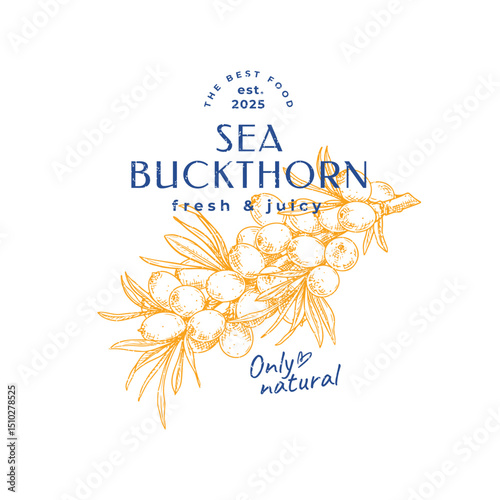 Logo design over hand drawn sea ​​buckthorn branch. Vector illustration in vintage style.