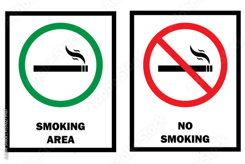 No smoking area and smoking area sign printable red and green colour. No smoking, ban. No smoking symbol. no smoke circle in red and green. Forbidden icon. stop symbol icon set