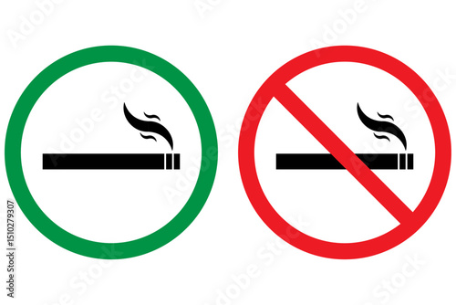 No smoking area and smoking area sign printable red and green colour. No smoking, ban. No smoking symbol. no smoke circle in red and green. Forbidden icon. stop symbol icon set
