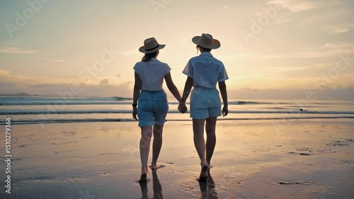 Sunset Stroll: Two Women Holding Hands on a Tranquil Beach