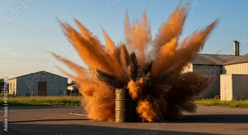 Dramatic explosion of orange dust from barrels in an industrial setting, showcasing the power of controlled detonations - the blast photos