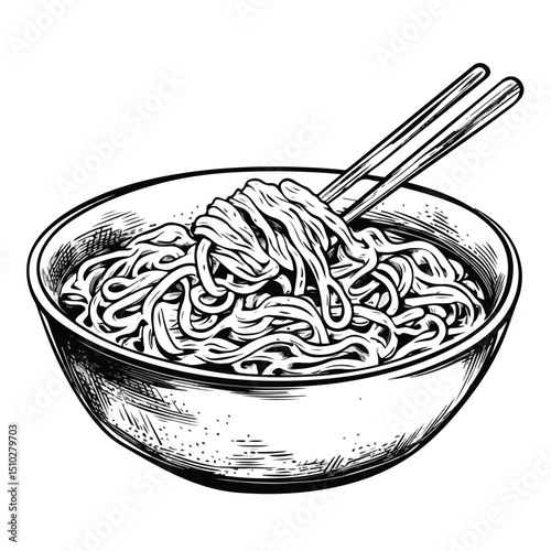Elegant Black and White Vector Illustration of Noodle Dish for Culinary Design Projects