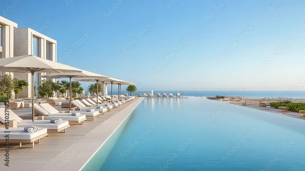 Infinity pool with lounge chairs and umbrellas overlooking the ocean