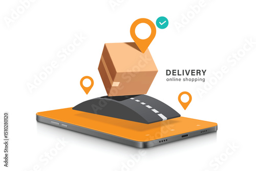 Parcel box or cardboard box run along the road to be delivered to customers at the pinpoint and all display on smartphones for online shopping and delivery advertising design, vector 3d isolated