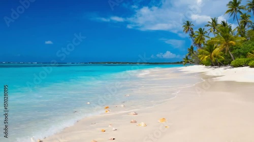 Seashells Scattered on Pristine Tropical Beach, Turquoise Waters, Palm Trees