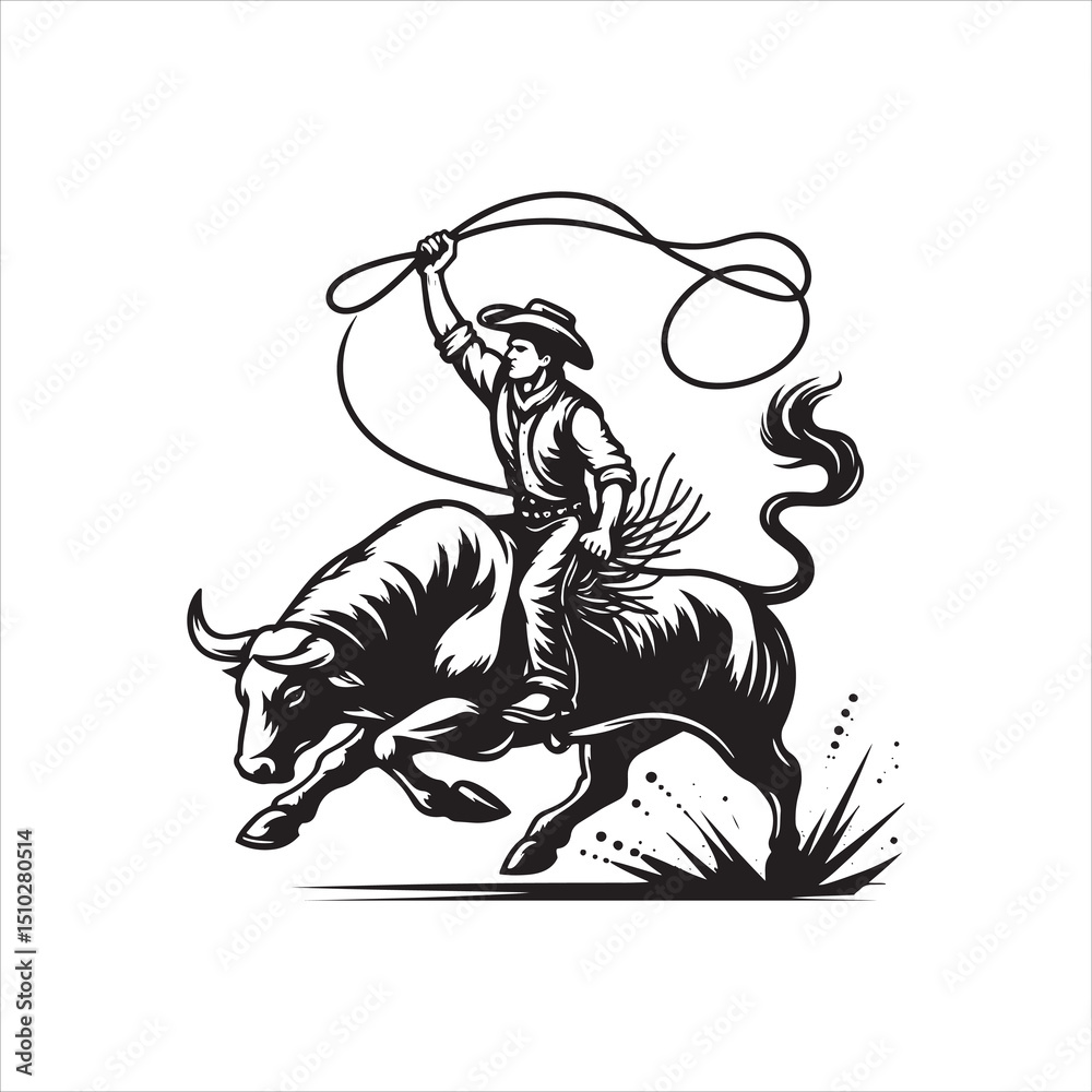 Fototapeta premium Bull Rodeo Showdown – Cowboy Riding a Bucking Bull in Action