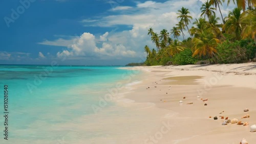 Serene Tropical Beachscape: Azure Waters, Palm-Fringed Shore, Scattered Shells