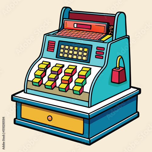 Classic old fashioned cash register with buttons and drawer money