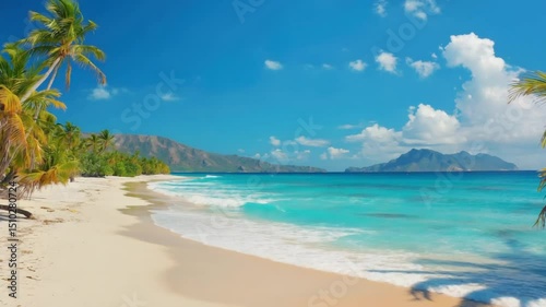 Idyllic Tropical Beach: Turquoise Waters, Palm Trees, and Majestic Mountains