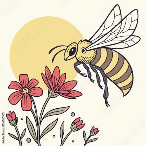 Cartoon illustration of a cute bumblebee flying near a yellow flower with honey