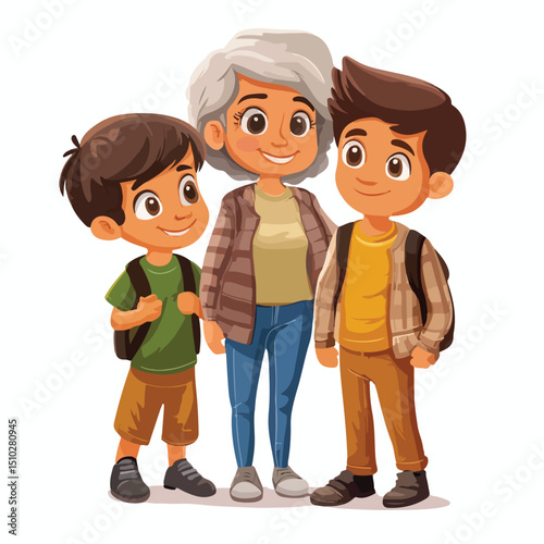 Multigenerational Family Portrait of Old Woman, Teenager Boy, and Little Boy